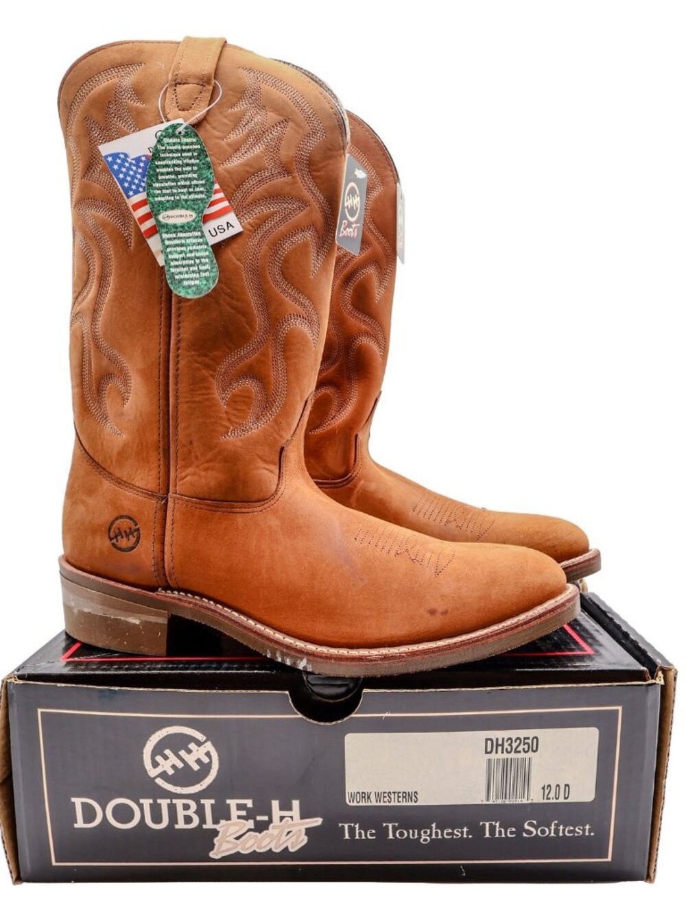 Vintage Double-H Boots Mens 12 D Tan Leather Work Western Cowboy DH3250 NWB